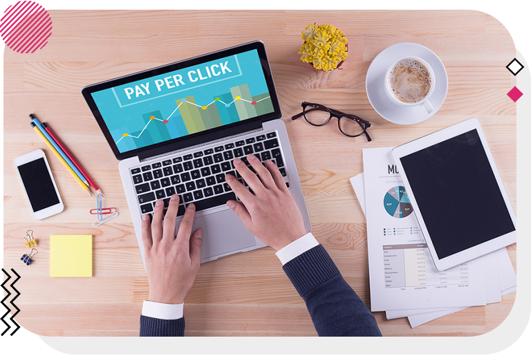 Pay per click marketing strategy displayed on laptop screen.
