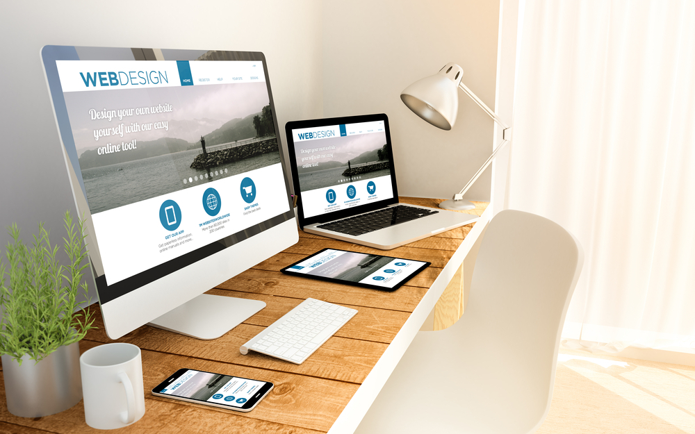 Website design examples on desktop, laptop, mobile, and tablet.