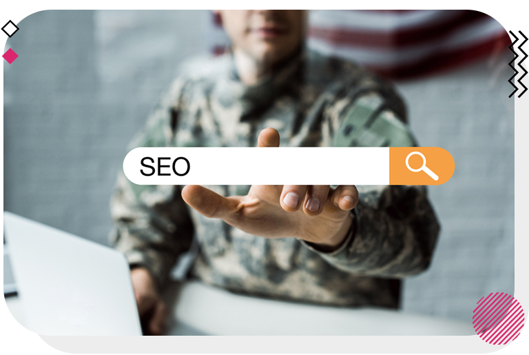 Man about to touch search engine bar with SEO in the middle