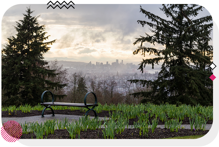 Bench on the top of a hill looking down on the city of Burnaby